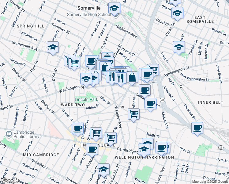 map of restaurants, bars, coffee shops, grocery stores, and more near 9 Union Square in Somerville