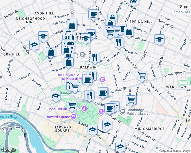 map of restaurants, bars, coffee shops, grocery stores, and more near 26 Oxford Street in Cambridge