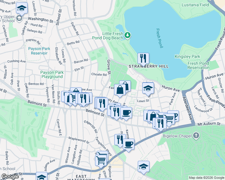 map of restaurants, bars, coffee shops, grocery stores, and more near 30 Fairview Avenue in Belmont