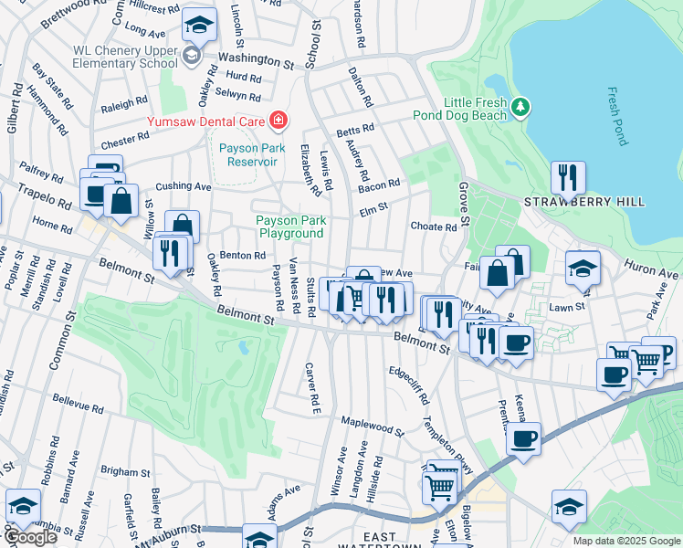 map of restaurants, bars, coffee shops, grocery stores, and more near 540 School Street in Belmont
