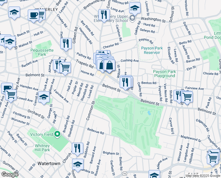 map of restaurants, bars, coffee shops, grocery stores, and more near 48 Trapelo Road in Belmont