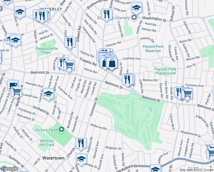 map of restaurants, bars, coffee shops, grocery stores, and more near 535 Belmont Street in Belmont