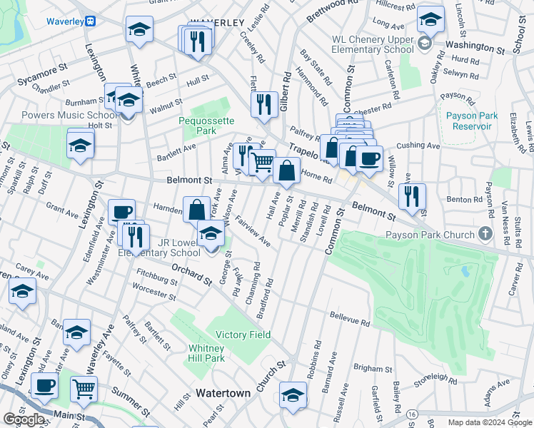 map of restaurants, bars, coffee shops, grocery stores, and more near 16 Hall Avenue in Watertown