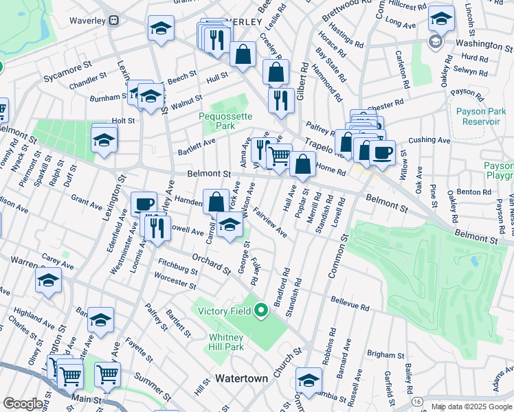 map of restaurants, bars, coffee shops, grocery stores, and more near 25 Wilson Avenue in Watertown