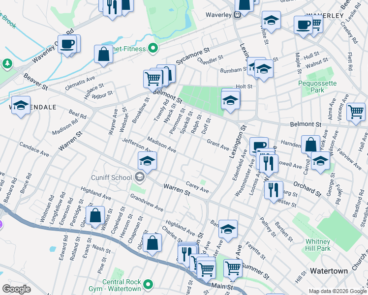 map of restaurants, bars, coffee shops, grocery stores, and more near 73 Sparkill Street in Watertown