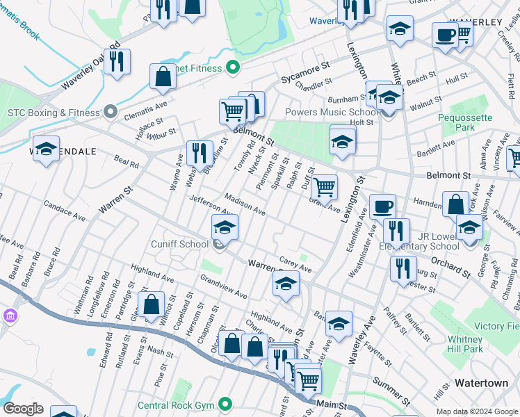 map of restaurants, bars, coffee shops, grocery stores, and more near 73 Sparkill Street in Watertown