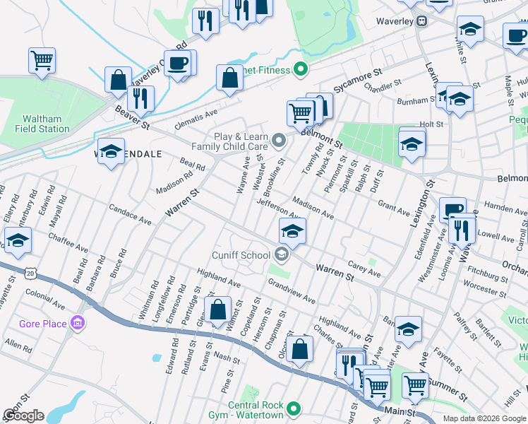 map of restaurants, bars, coffee shops, grocery stores, and more near 99 Brookline Street in Watertown
