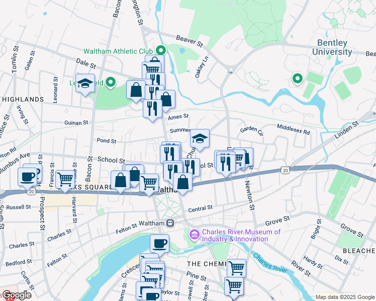 map of restaurants, bars, coffee shops, grocery stores, and more near 90 Church Street in Waltham