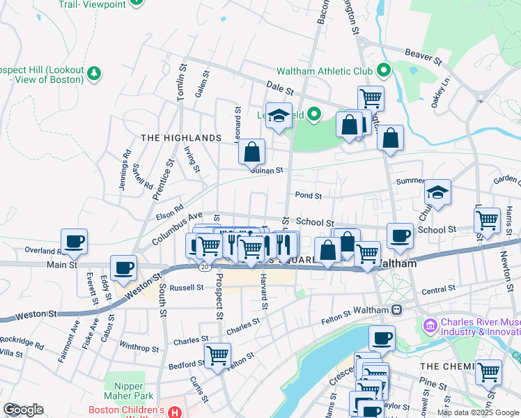 map of restaurants, bars, coffee shops, grocery stores, and more near 86 Fiske Street in Waltham