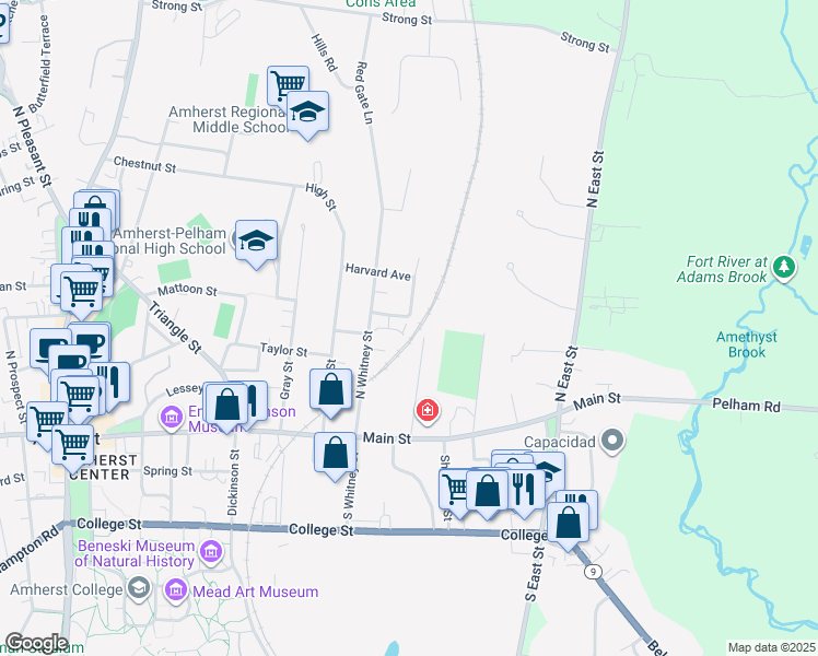 map of restaurants, bars, coffee shops, grocery stores, and more near 18 Grove Street in Amherst