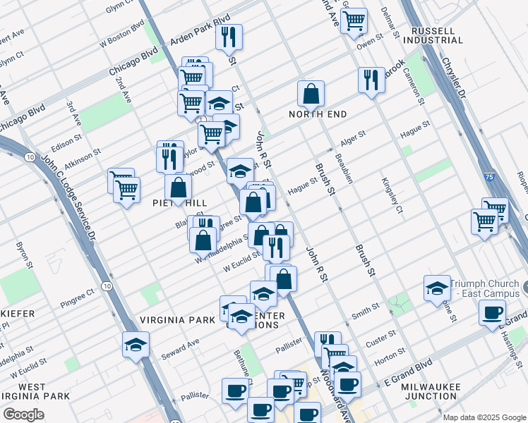 map of restaurants, bars, coffee shops, grocery stores, and more near 81 Hague Street in Detroit