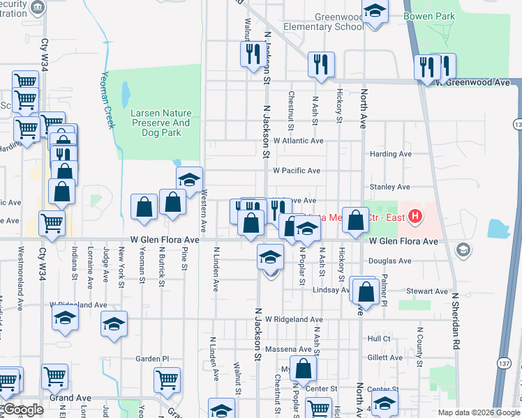 map of restaurants, bars, coffee shops, grocery stores, and more near 1401 North Jackson Street in Waukegan