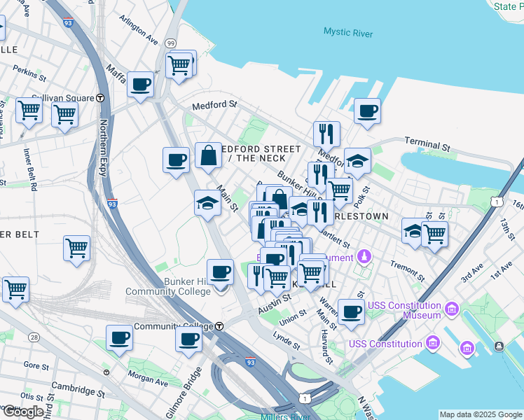 map of restaurants, bars, coffee shops, grocery stores, and more near Walker Street in Boston