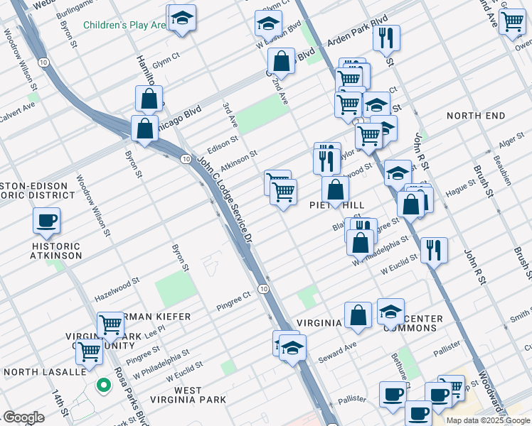 map of restaurants, bars, coffee shops, grocery stores, and more near 832 Hazelwood Street in Detroit