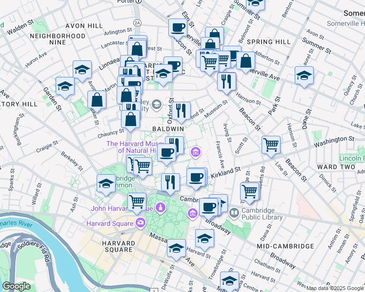 map of restaurants, bars, coffee shops, grocery stores, and more near in Cambridge