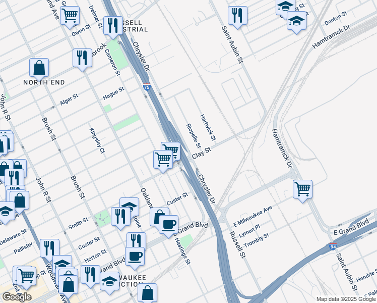 map of restaurants, bars, coffee shops, grocery stores, and more near Chrysler Freeway in Detroit