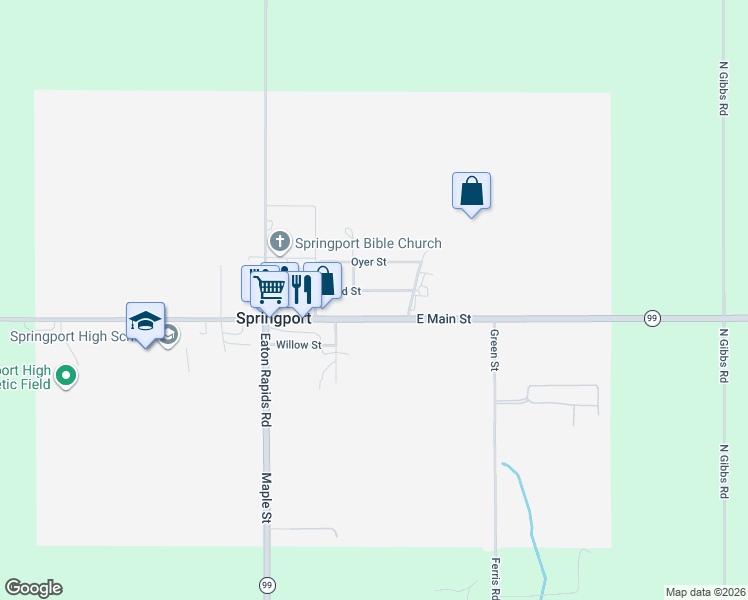 map of restaurants, bars, coffee shops, grocery stores, and more near 325 Grand Street in Springport