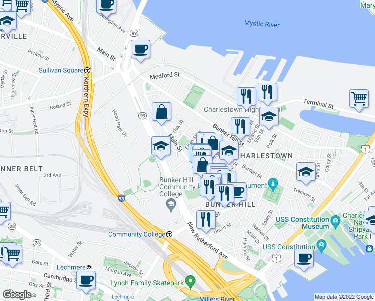 map of restaurants, bars, coffee shops, grocery stores, and more near 7 Eden Street in Boston