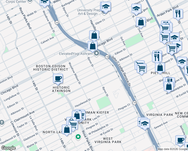 map of restaurants, bars, coffee shops, grocery stores, and more near 1246 Atkinson Street in Detroit