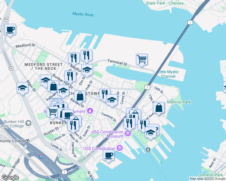 map of restaurants, bars, coffee shops, grocery stores, and more near 126 Medford Street in Boston