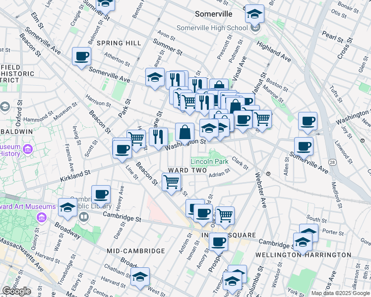 map of restaurants, bars, coffee shops, grocery stores, and more near 329 Washington Street in Somerville