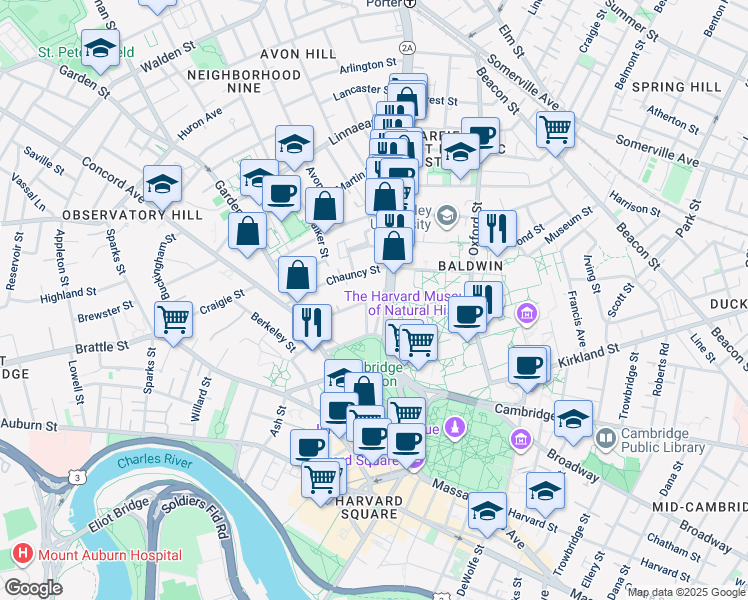 map of restaurants, bars, coffee shops, grocery stores, and more near 2 Chauncy Street in Cambridge