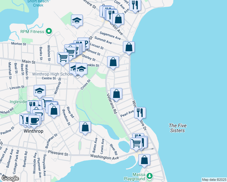 map of restaurants, bars, coffee shops, grocery stores, and more near 229 Shirley Street in Winthrop