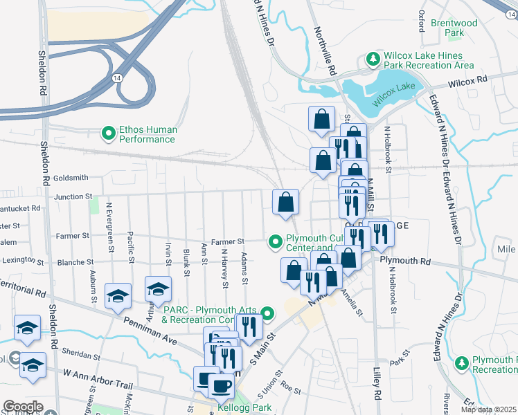 map of restaurants, bars, coffee shops, grocery stores, and more near 777 Karmada Street in Plymouth