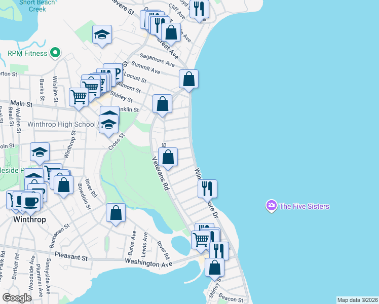 map of restaurants, bars, coffee shops, grocery stores, and more near 187 Winthrop Shore Drive in Winthrop