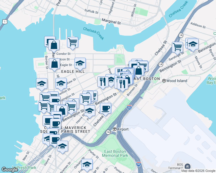 map of restaurants, bars, coffee shops, grocery stores, and more near 242 Princeton Street in Boston