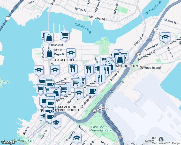 map of restaurants, bars, coffee shops, grocery stores, and more near 199 Lexington Street in Boston