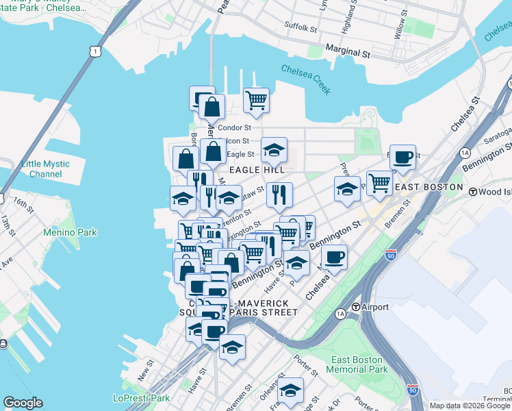 map of restaurants, bars, coffee shops, grocery stores, and more near 66 Eutaw Street in Boston