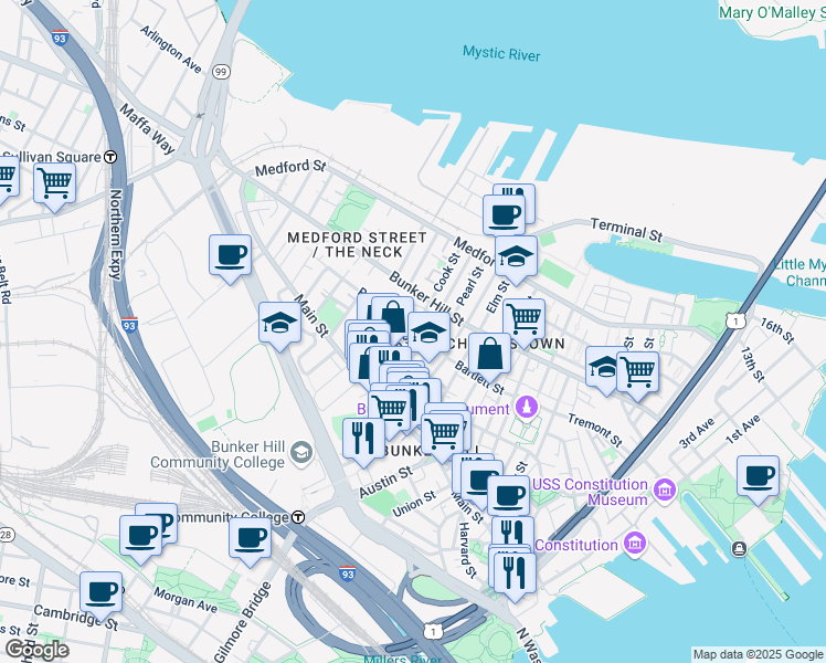 map of restaurants, bars, coffee shops, grocery stores, and more near 30 Russell Street in Boston