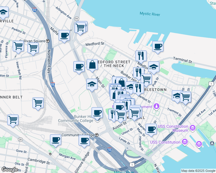 map of restaurants, bars, coffee shops, grocery stores, and more near 10 Eden Street in Boston