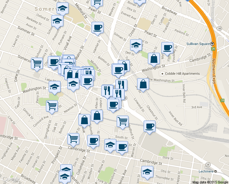 map of restaurants, bars, coffee shops, grocery stores, and more near 192 Washington Street in Somerville