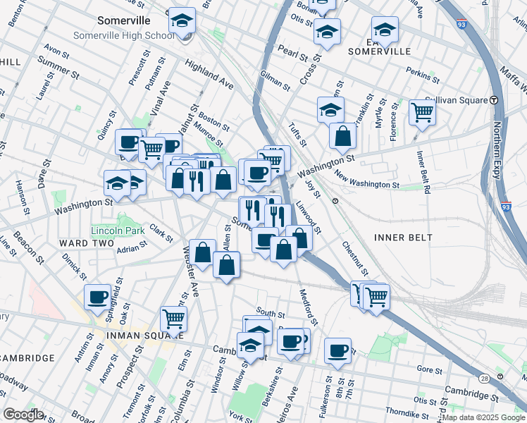 map of restaurants, bars, coffee shops, grocery stores, and more near 192 Washington Street in Somerville