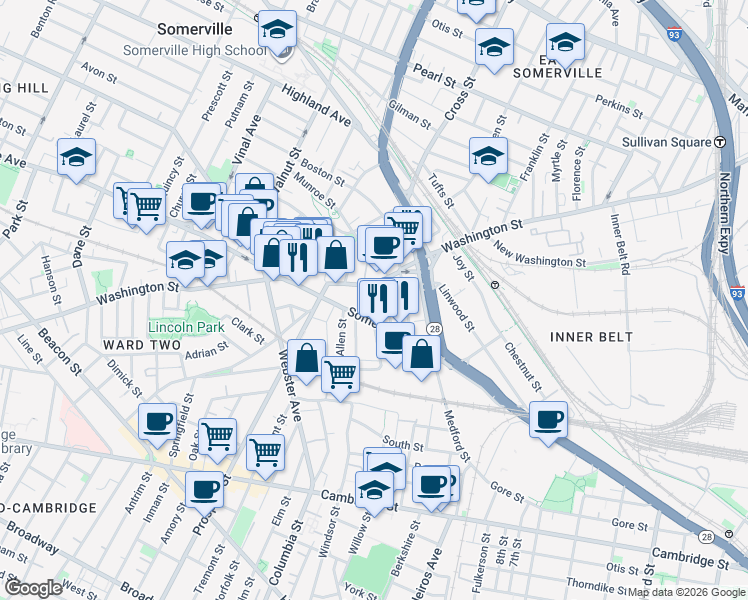 map of restaurants, bars, coffee shops, grocery stores, and more near in Somerville