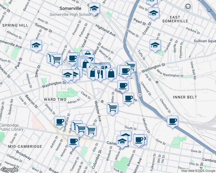 map of restaurants, bars, coffee shops, grocery stores, and more near 251 Washington Street in Somerville
