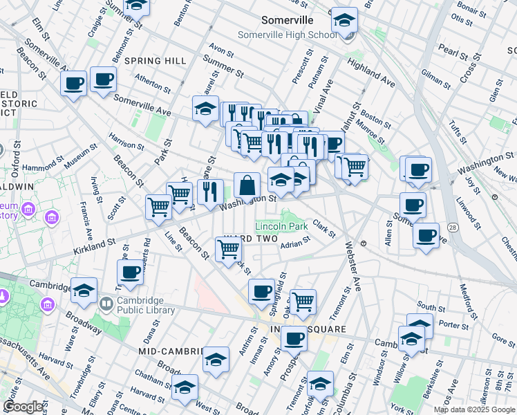 map of restaurants, bars, coffee shops, grocery stores, and more near 329 Washington Street in Somerville