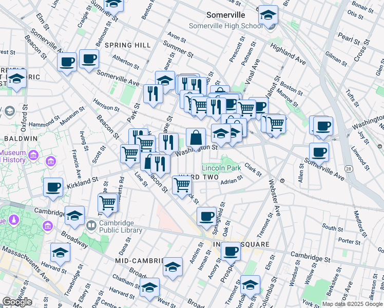 map of restaurants, bars, coffee shops, grocery stores, and more near 8 Leland Street in Somerville