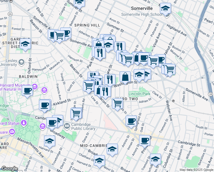map of restaurants, bars, coffee shops, grocery stores, and more near 65 Dane Street in Somerville
