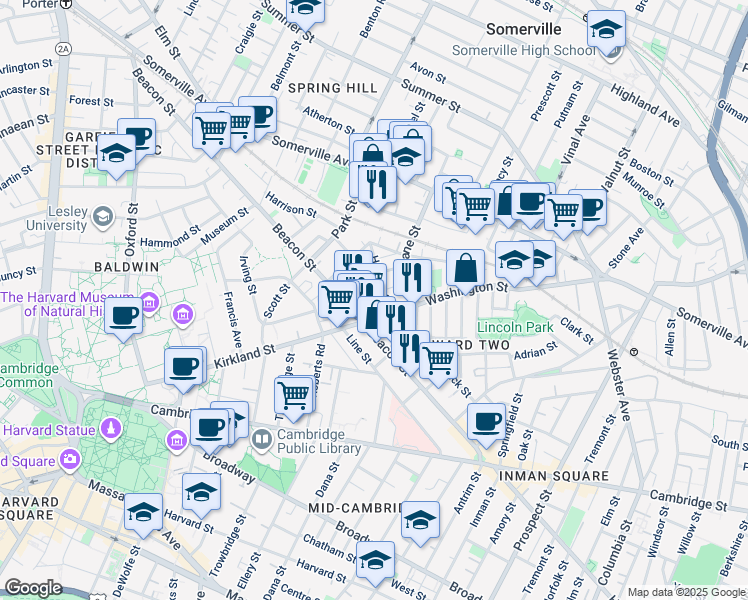 map of restaurants, bars, coffee shops, grocery stores, and more near 7 Durham Street in Somerville