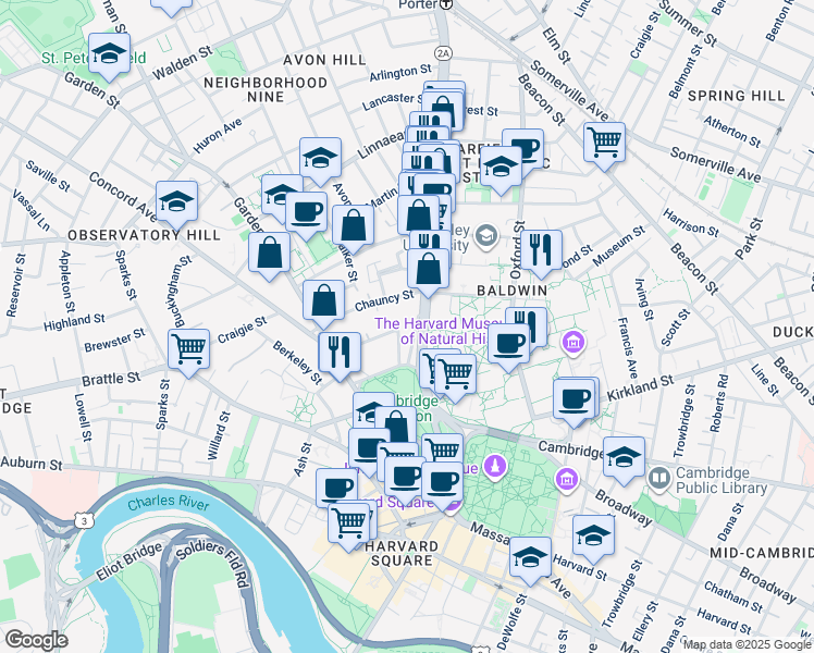 map of restaurants, bars, coffee shops, grocery stores, and more near 2 Chauncy Street in Cambridge