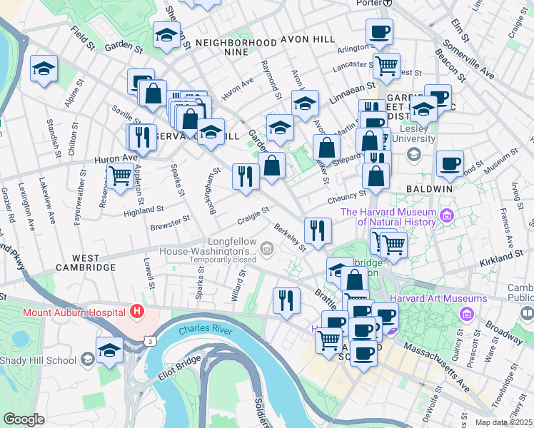 map of restaurants, bars, coffee shops, grocery stores, and more near 36 Concord Avenue in Cambridge