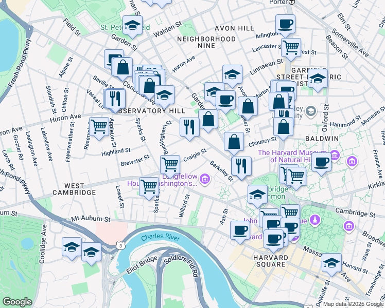 map of restaurants, bars, coffee shops, grocery stores, and more near 36 Concord Avenue in Cambridge