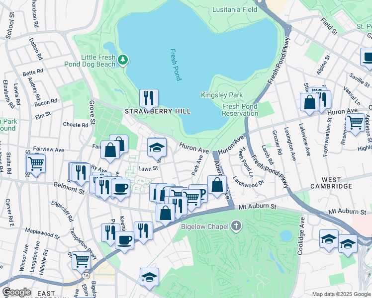 map of restaurants, bars, coffee shops, grocery stores, and more near 606 Huron Avenue in Cambridge