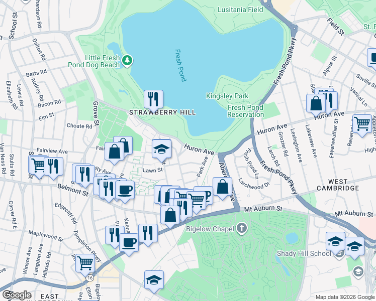 map of restaurants, bars, coffee shops, grocery stores, and more near 606 Huron Avenue in Cambridge