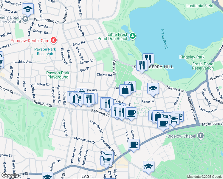 map of restaurants, bars, coffee shops, grocery stores, and more near 3 Crescent Road in Belmont