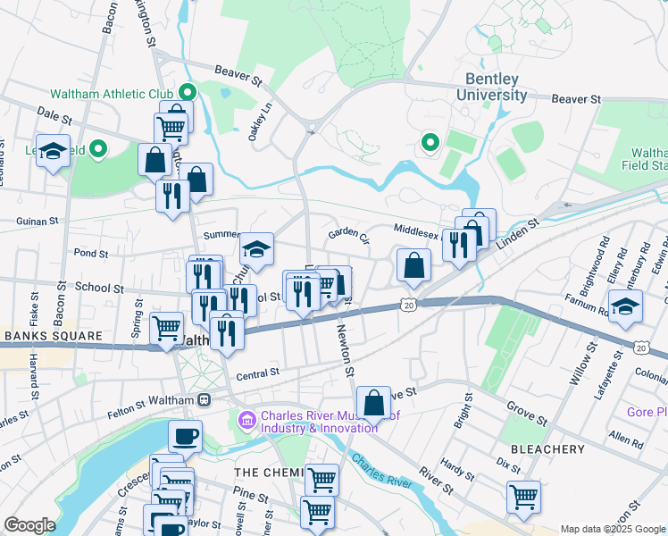 map of restaurants, bars, coffee shops, grocery stores, and more near 37-3 Summer Street in Waltham