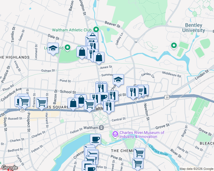 map of restaurants, bars, coffee shops, grocery stores, and more near 20 Warren Avenue in Waltham